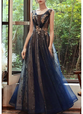 Navy Blue V-neckline Tull and Lace Long Prom Dress, Navy Blue Evening Dress Prom Dress
