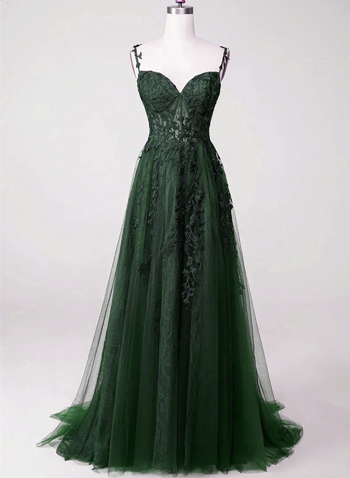 Dark Green Tulle with Lace Beaded Straps Prom Dress, Green Long Formal – Cutedressy