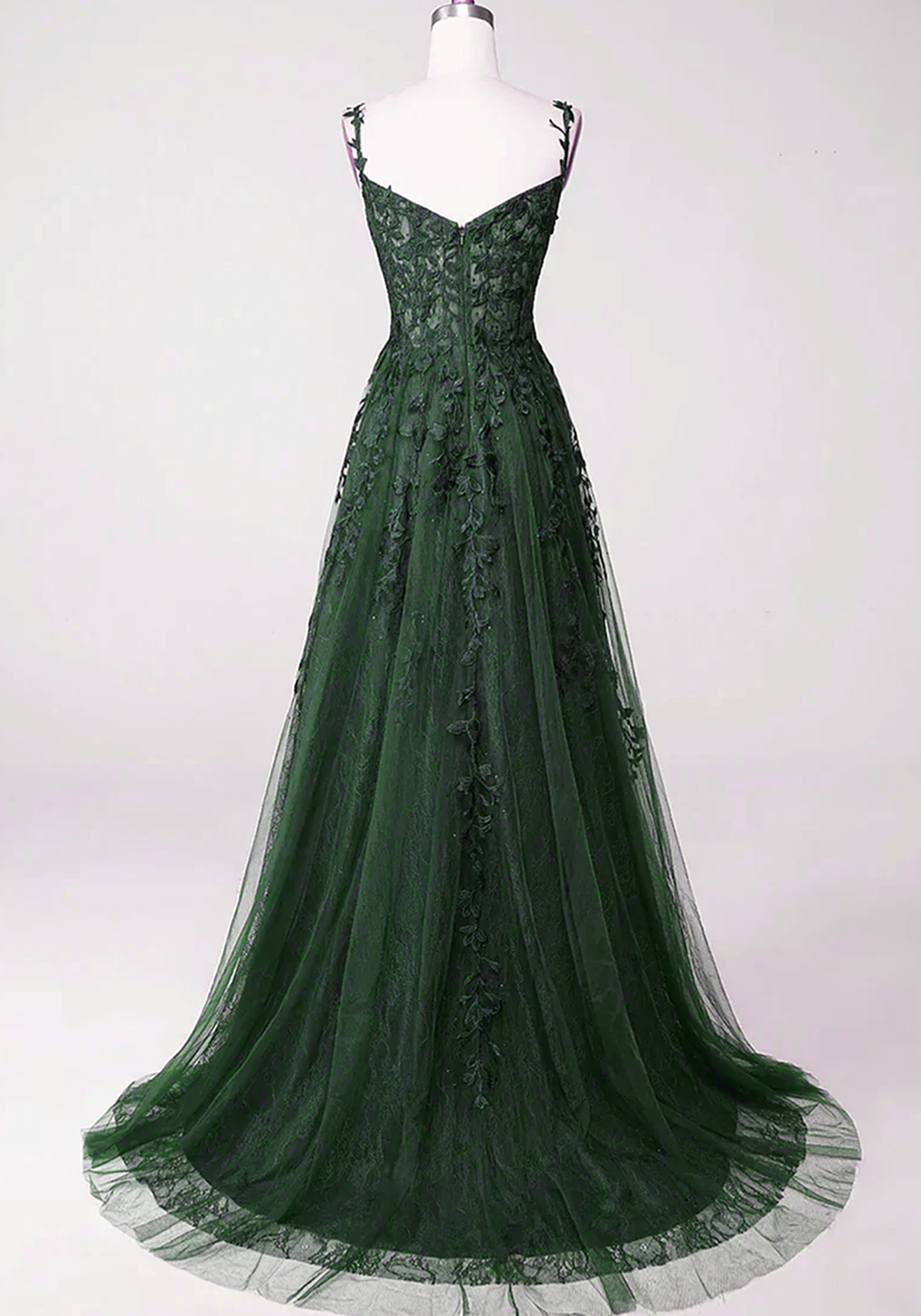 Dark Green Tulle with Lace Beaded Straps Prom Dress, Green Long Formal Cutedressy Dark Green Tulle with Lace Beaded Straps Prom Dress, Green Long Formal Cutedressy