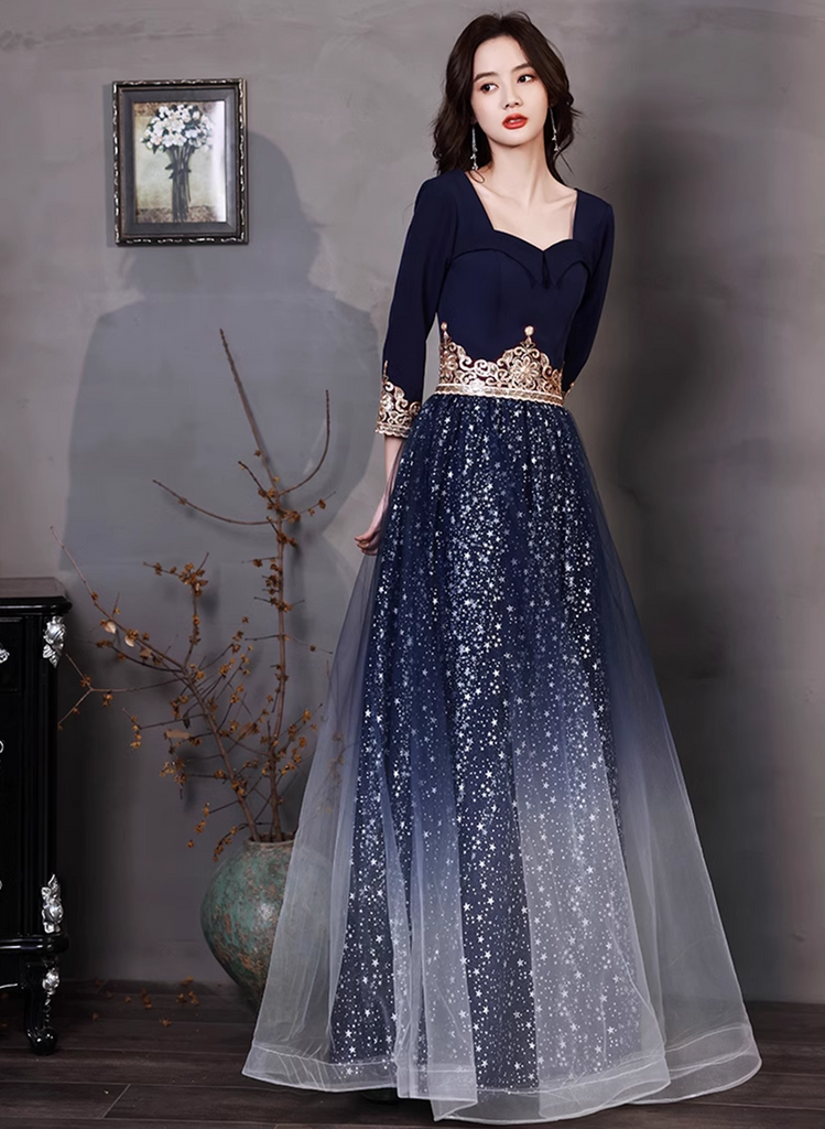 Navy Blue A-line Short Sleeves Floor Length Party Dress, Navy Blue Bri