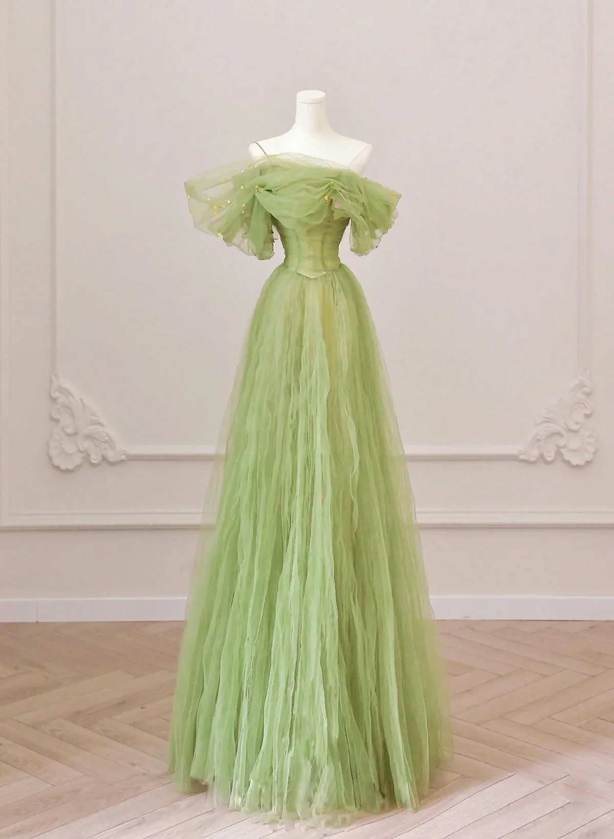 Green Floor Length Simple Off Shoulder Long Formal Dress, Green A-line Prom Dress