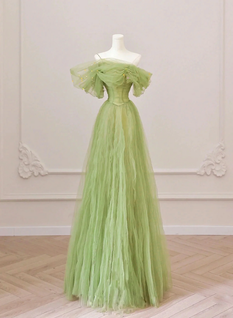 Green Floor Length Simple Off Shoulder Long Formal Dress, Green A-line