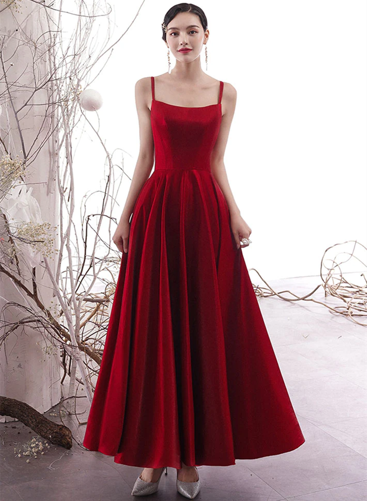 Wine Red Satin Cross Back Long Prom Dress, Wine Red Wedding Party Dress