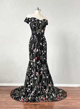 Black Floral Lace Mermaid Off Shoulder Long Party Dress, Black Evening Dress Prom Dress