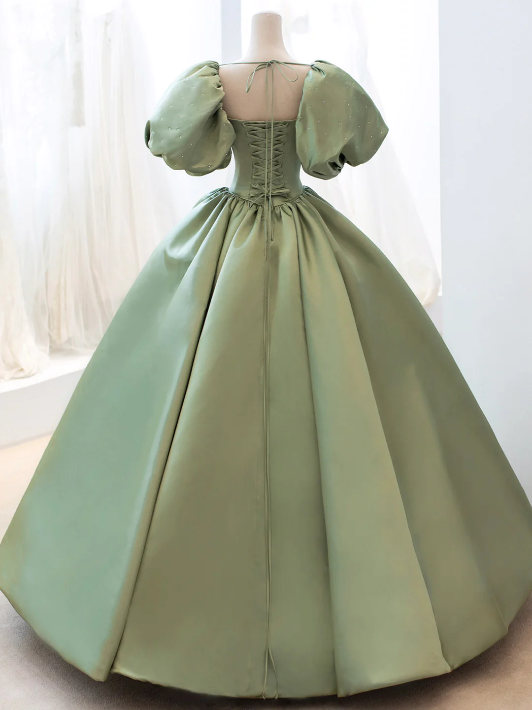 Green Satin Short Sleeves Ball Gown Long Formal Dress, Green Sweet 16 – Cutedressy Green Satin Short Sleeves Ball Gown Long Formal Dress, Green Sweet 16 – Cutedressy