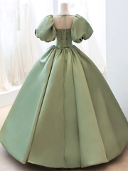 Green Satin Short Sleeves Ball Gown Long Formal Dress, Green Sweet 16 Dress