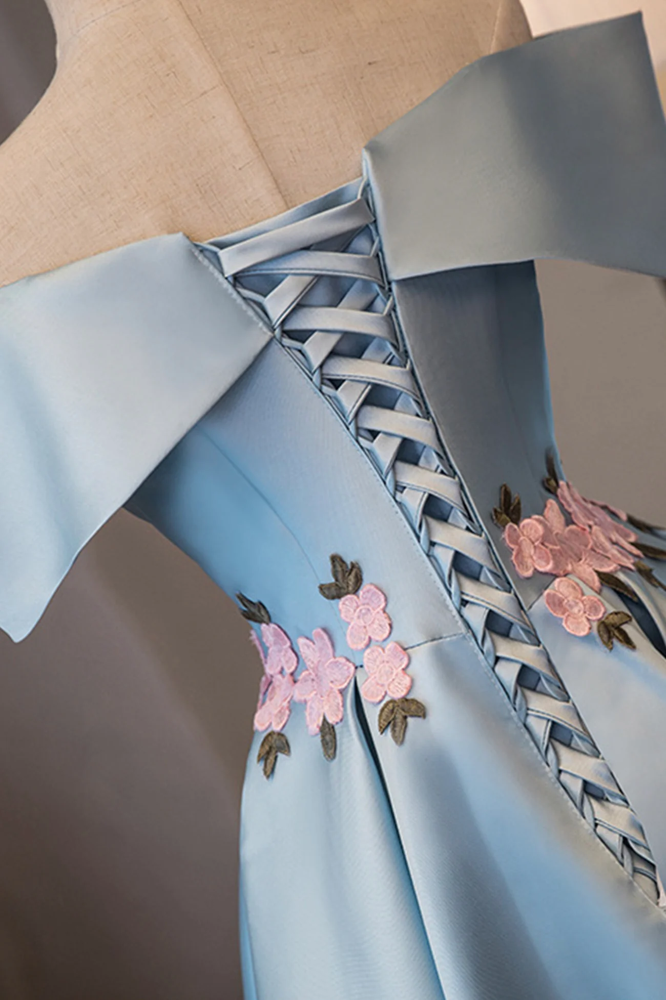 pale blue dress short Blue Satin Short Party Dress with Flowers, Blue Knee Length Homecoming – Cutedressy