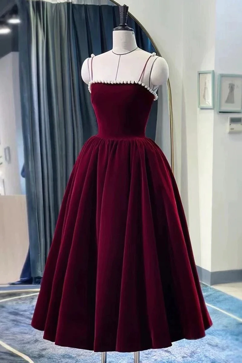 Velvet Tea Length Pearls Straps Formal Dress, Velvet Wedding Party Dre – Cutedressy Velvet Tea Length Pearls Straps Formal Dress, Velvet Wedding Party Dre – Cutedressy