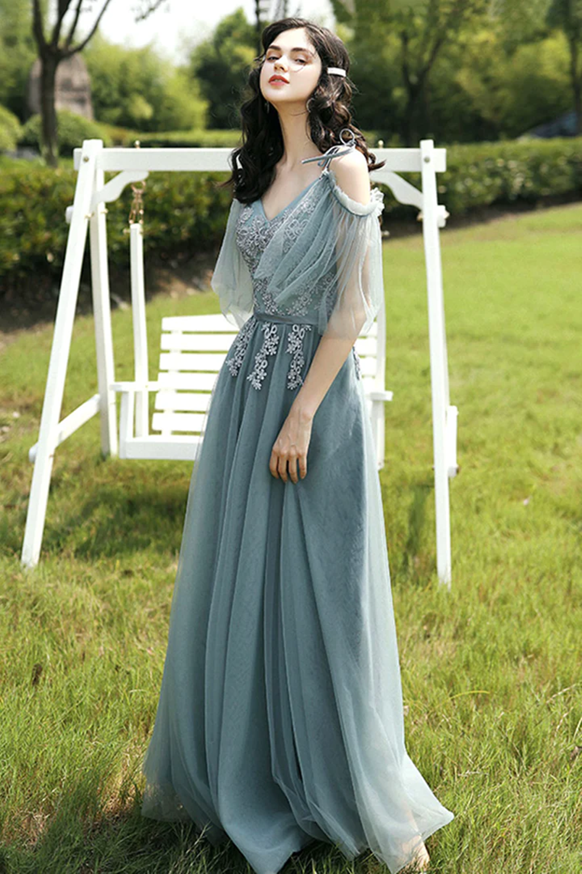 A-line Tulle with Lace Off Shoulder V-neckline Prom Dress, Green Forma Cutedressy A-line Tulle with Lace Off Shoulder V-neckline Prom Dress, Green Forma Cutedressy