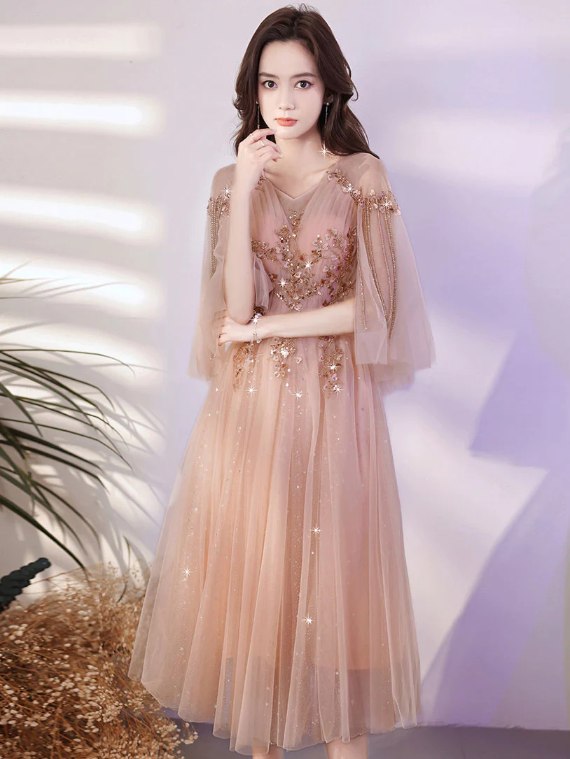 Pink Tulle Beaded Tea Length Wedding Party Dress, Pink Tulle Short Hom Cutedressy Pink Tulle Beaded Tea Length Wedding Party Dress, Pink Tulle Short Hom Cutedressy