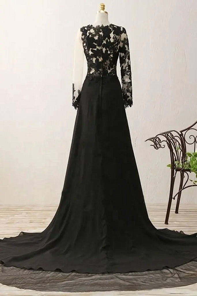 Black Long Sleeves Chiffon with Lace Evening Dress, Black A-line Party