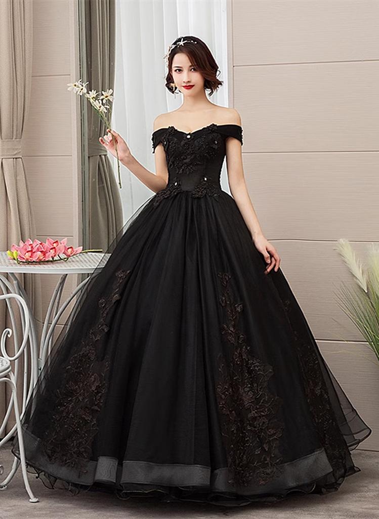 Black Sweetheart Tulle Ball Gown Off Shoulder Party Dress, Black Sweet