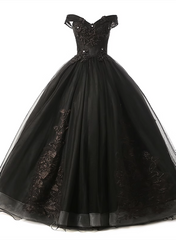 Black Sweetheart Tulle Ball Gown Off Shoulder Party Dress, Black Sweet 16 Dress