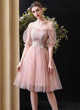 Pink Sweetheart Off Shoulder Knee Length Party Dress, Pink Tulle Homecoming Dress