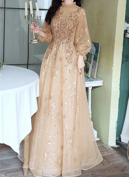 Champagne Puffy Sleeves Long Beaded Party Dress, Champagne Tulle Prom Cutedressy Champagne Puffy Sleeves Long Beaded Party Dress, Champagne Tulle Prom Cutedressy