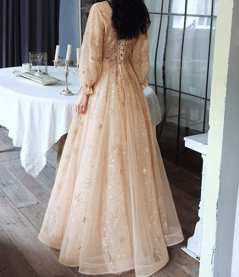 Champagne Puffy Sleeves Long Beaded Party Dress, Champagne Tulle Prom