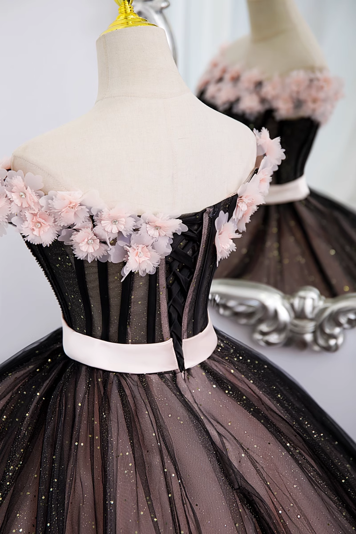 Black and Pink Tulle with Flowers Off Shoulder Party Dress, Tulle Sweet 16 Dress