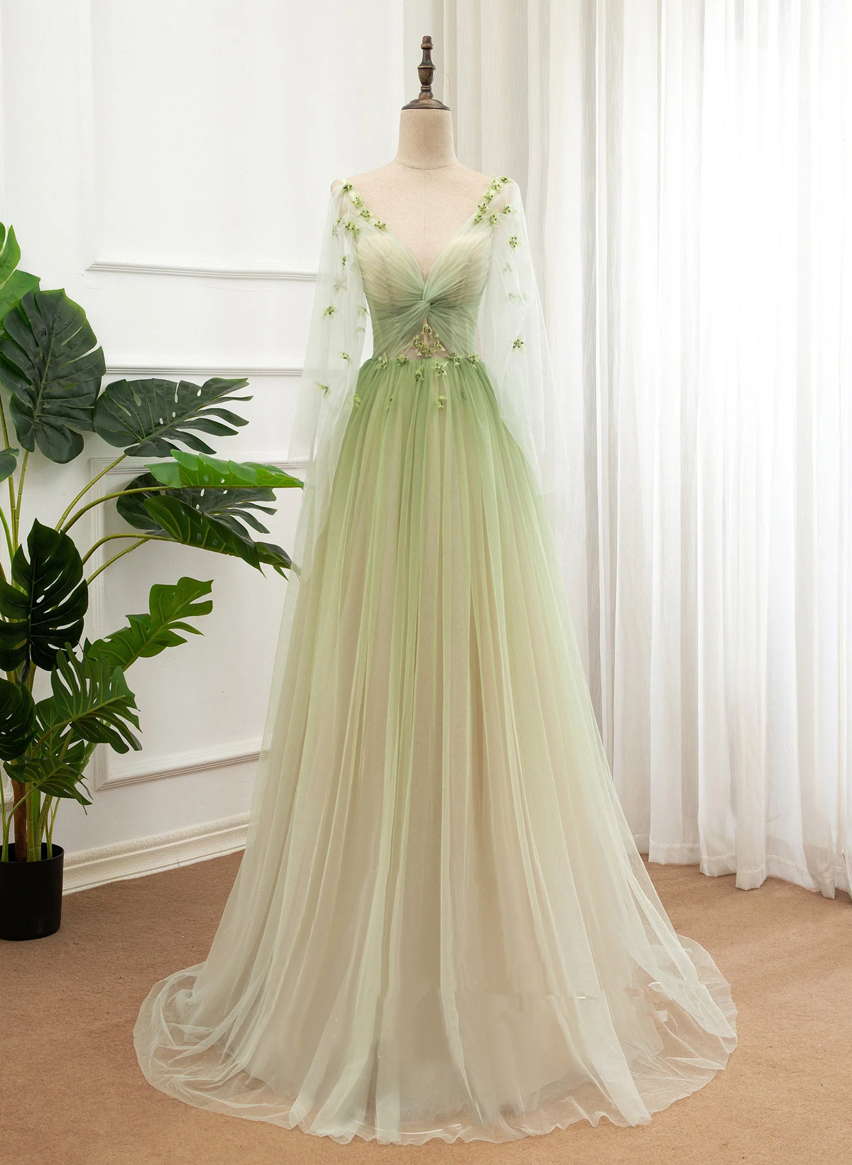 A-line Green Tulle Gradient Long Party Dress, Green Floor Length Formal Dress