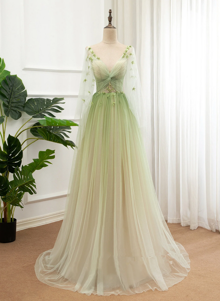 A-line Green Tulle Gradient Long Party Dress, Green Floor Length Forma