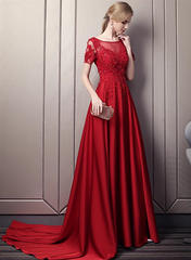 Wine Red Satin Short Sleeves with Lace Long Party Dress, A-line Wedding Party Dress