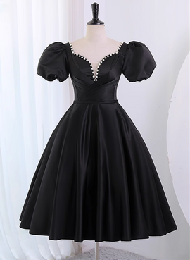 Black Satin Short Sleeves Prom Dress Party Dress, Black Homecoming Dress 