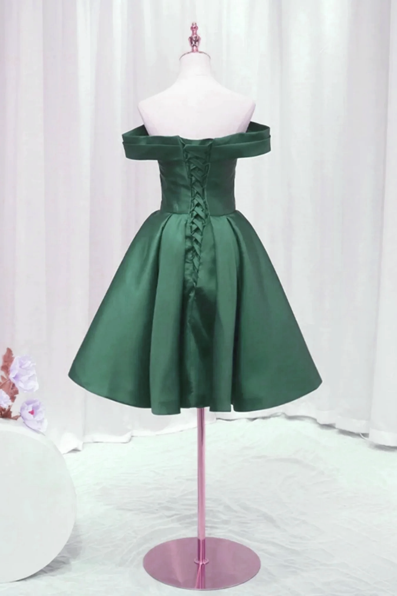 Dark Green Satin Off Shoulder Knee Length Party Dress, Green Homecomin Cutedressy Dark Green Satin Off Shoulder Knee Length Party Dress, Green Homecomin Cutedressy