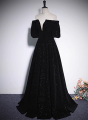 Black V-neckline Velvet Off Shoulder Party Dress, A-line Black Prom Dress Evening Dress