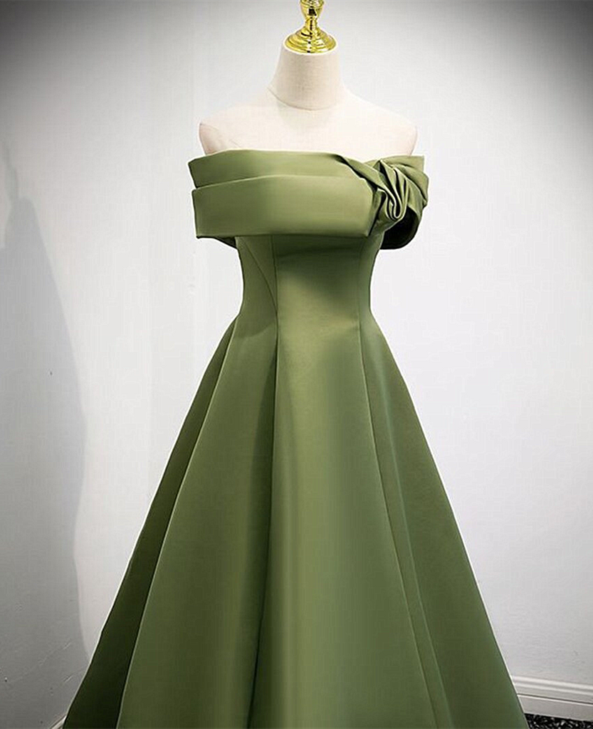 Green Scoop Off Shoulder Satin Lace-up Prom Dress, A-line Green Evenin