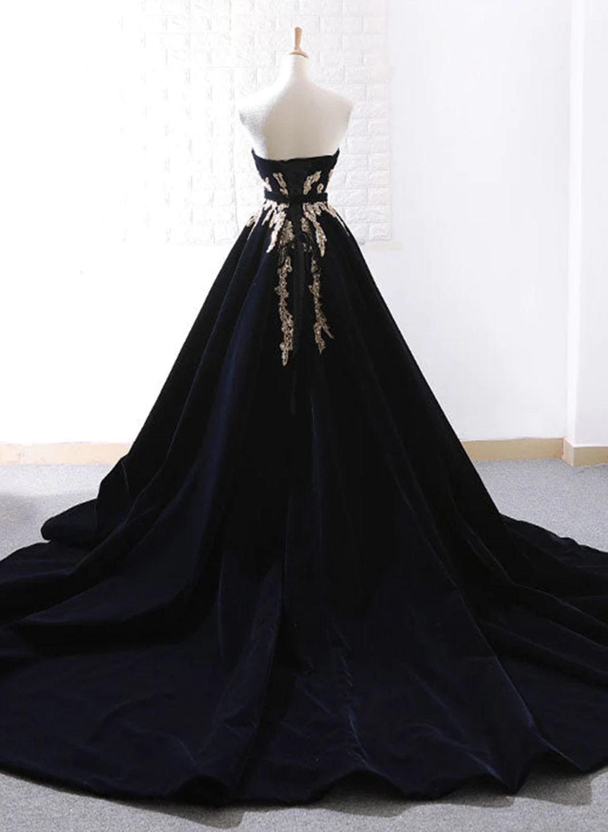 Glam Black Velvet Long Formal Gown with Gold Lace, Black Velvet Prom D Cutedressy Glam Black Velvet Long Formal Gown with Gold Lace, Black Velvet Prom D Cutedressy