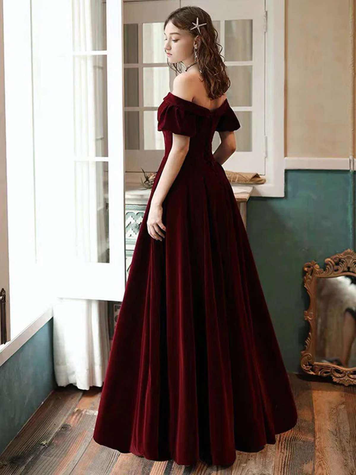 red velvet shoulderless long dress Beautiful Dark Red Velvet Off Shoulder Bridesmaid Dress, A-line Long P