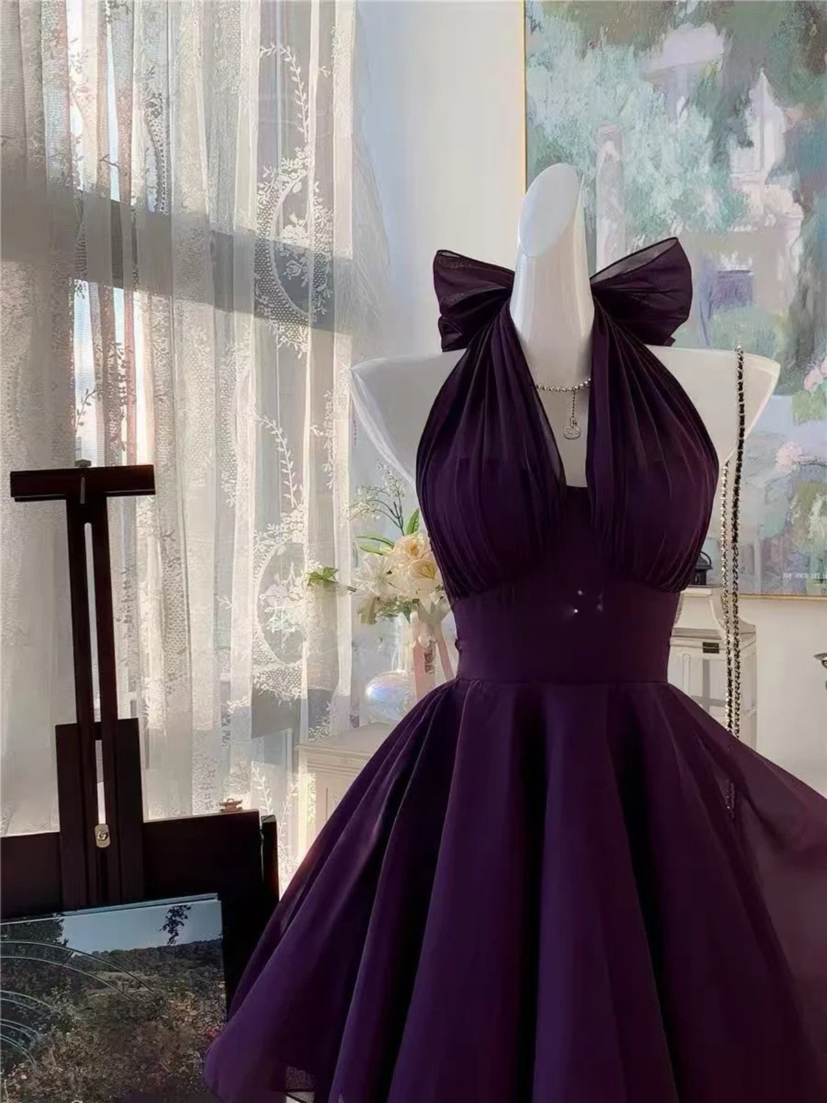 Elegant A-line Purple Halter Mini Dress，Purple Chiffon Short Party Dress Homecoming Dress