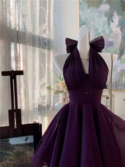 Elegant A-line Purple Halter Mini Dress，Purple Chiffon Short Party Dress Homecoming Dress