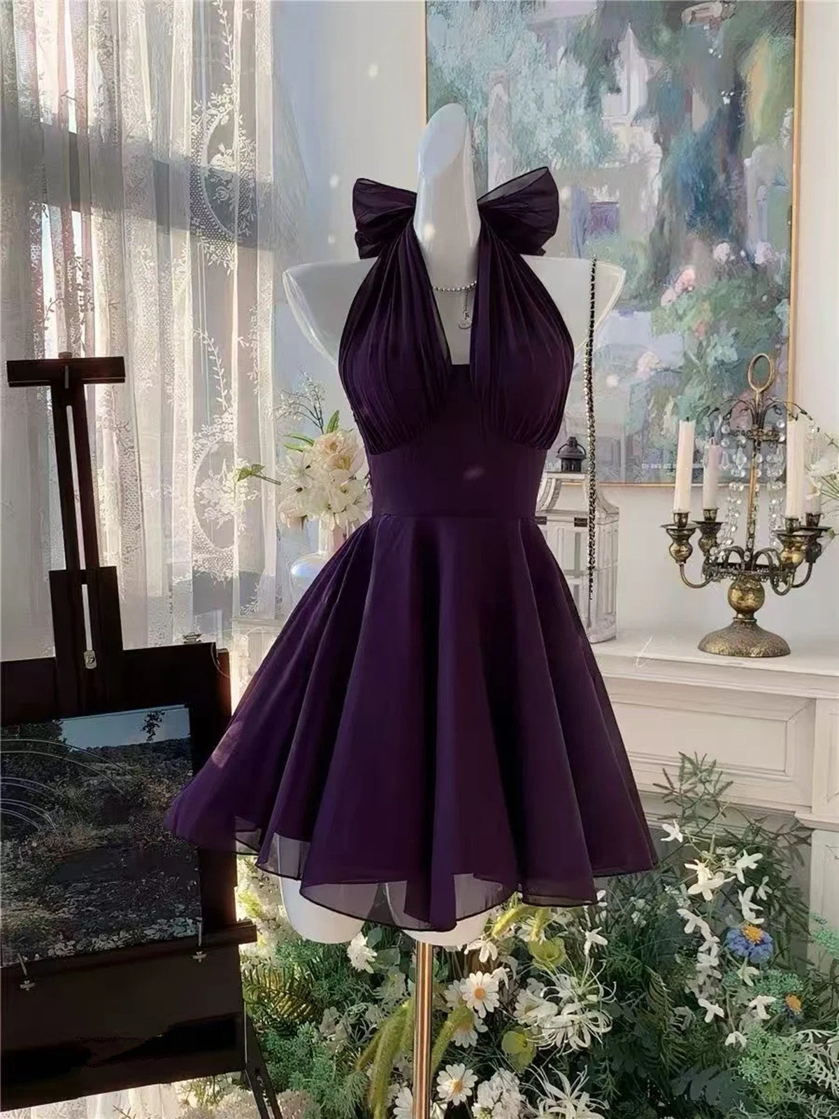 Elegant A-line Purple Halter Mini Dress，Purple Chiffon Short Party Dress Homecoming Dress