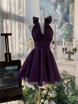 Elegant A-line Purple Halter Mini Dress，Purple Chiffon Short Party Dress Homecoming Dress