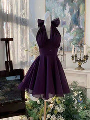 Elegant A-line Purple Halter Mini Dress，Purple Chiffon Short Party Dress Homecoming Dress