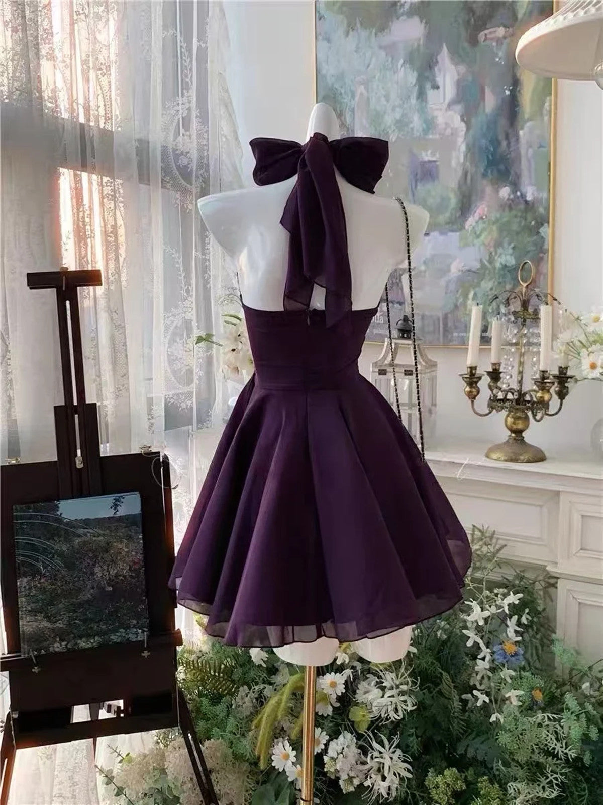 Elegant A-line Purple Halter Mini Dress，Purple Chiffon Short Party Dress Homecoming Dress