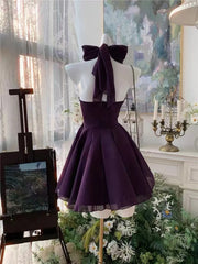 Elegant A-line Purple Halter Mini Dress，Purple Chiffon Short Party Dress Homecoming Dress