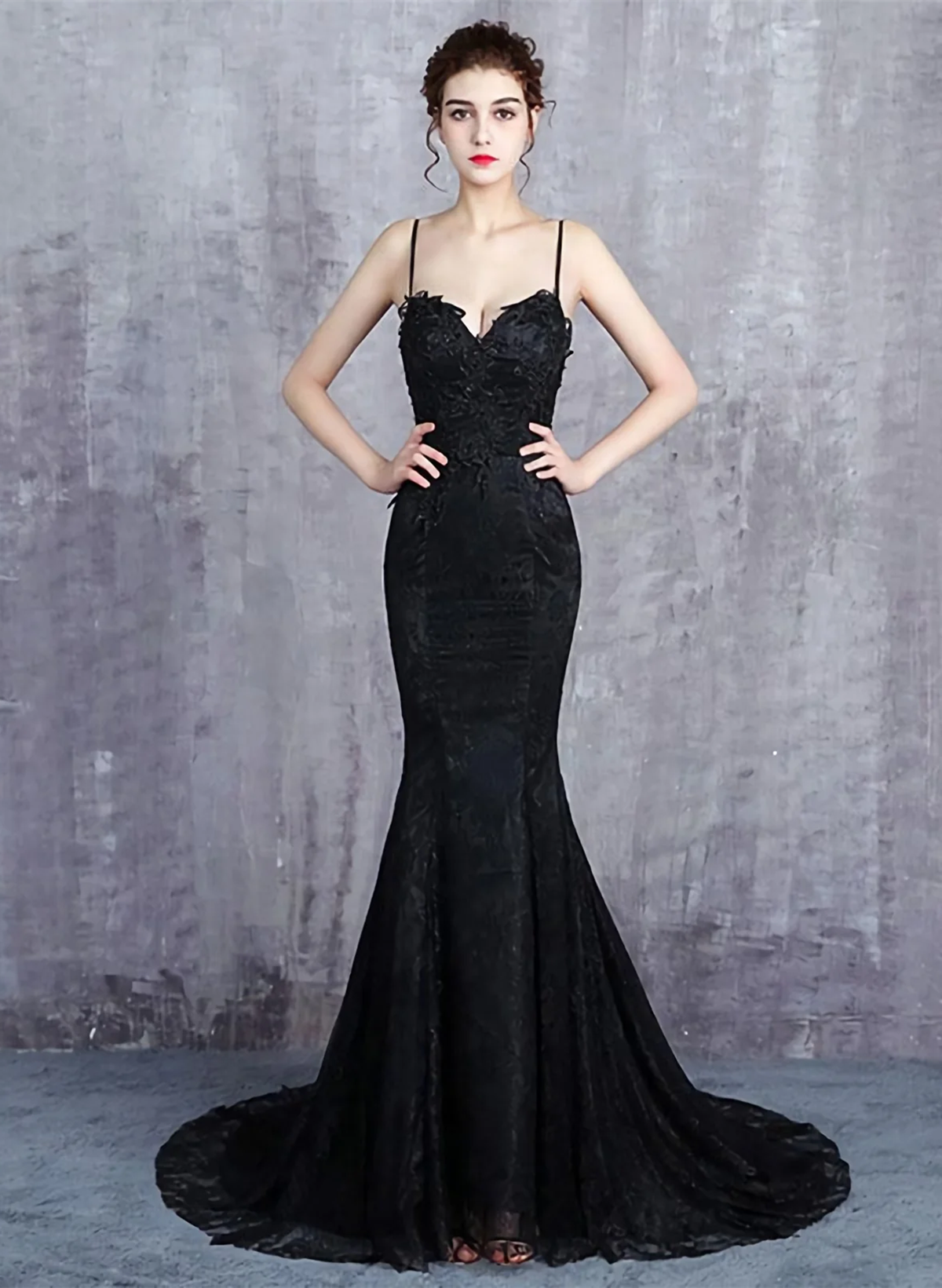 Black Mermaid Lace Straps Sweetheart Party Dress, Black Mermaid Long Formal Dress