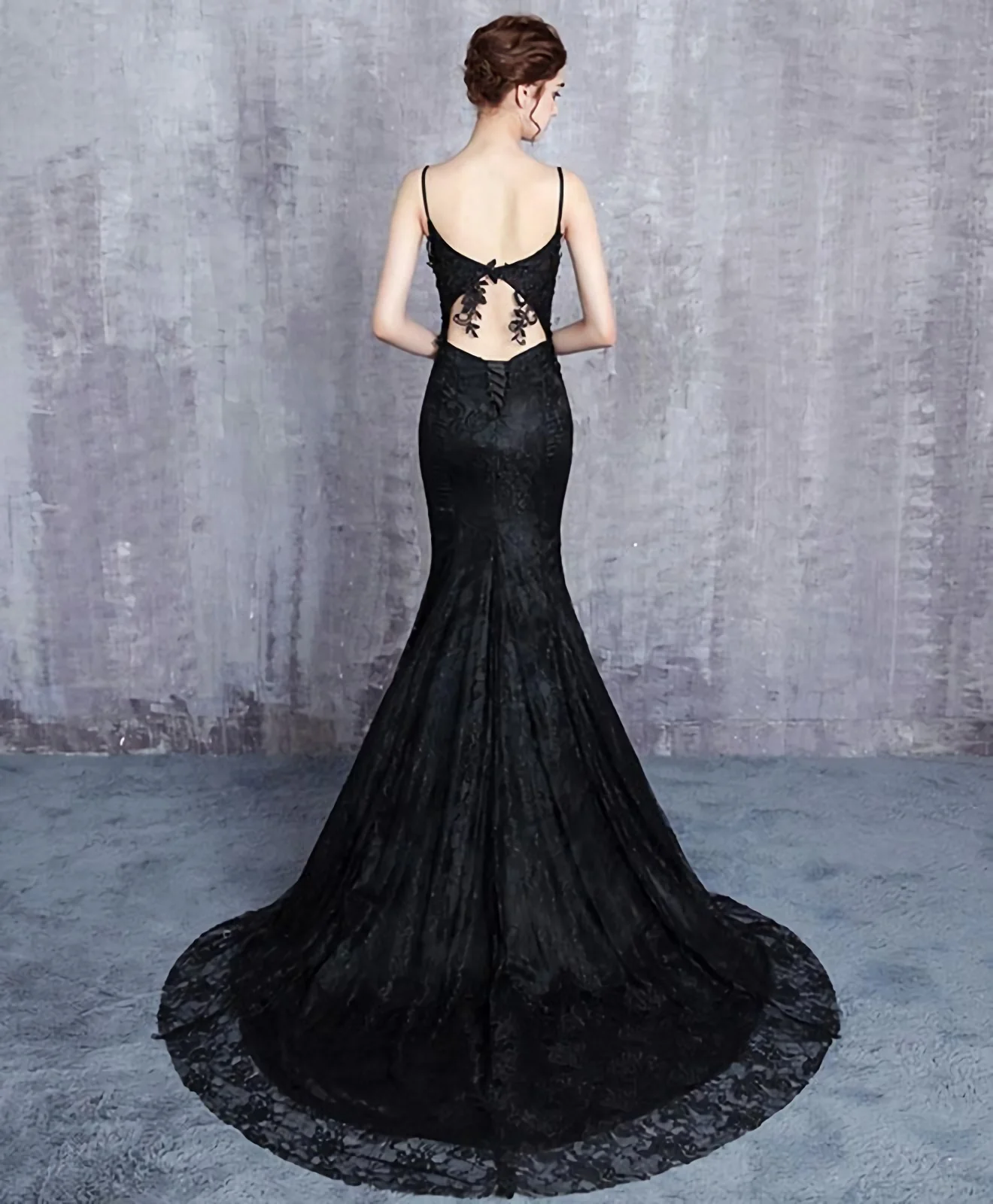 Black Mermaid Lace Straps Sweetheart Party Dress, Black Mermaid Long Formal Dress