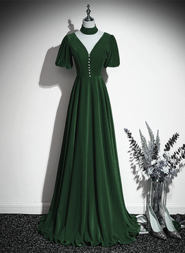 Green Velvet A-line Short Sleeves Long Party Dress, Green Long Prom Dress