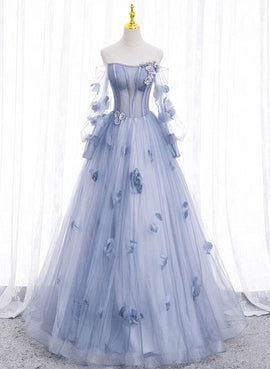 Light Blue Tulle Long Formal Dress Party Dress, Ball Gown Floral Sweet 16 Dress