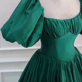 Green Scoop Short Sleeves Taffeta Long Party Dress, Green Long Evening Dress Prom Dress