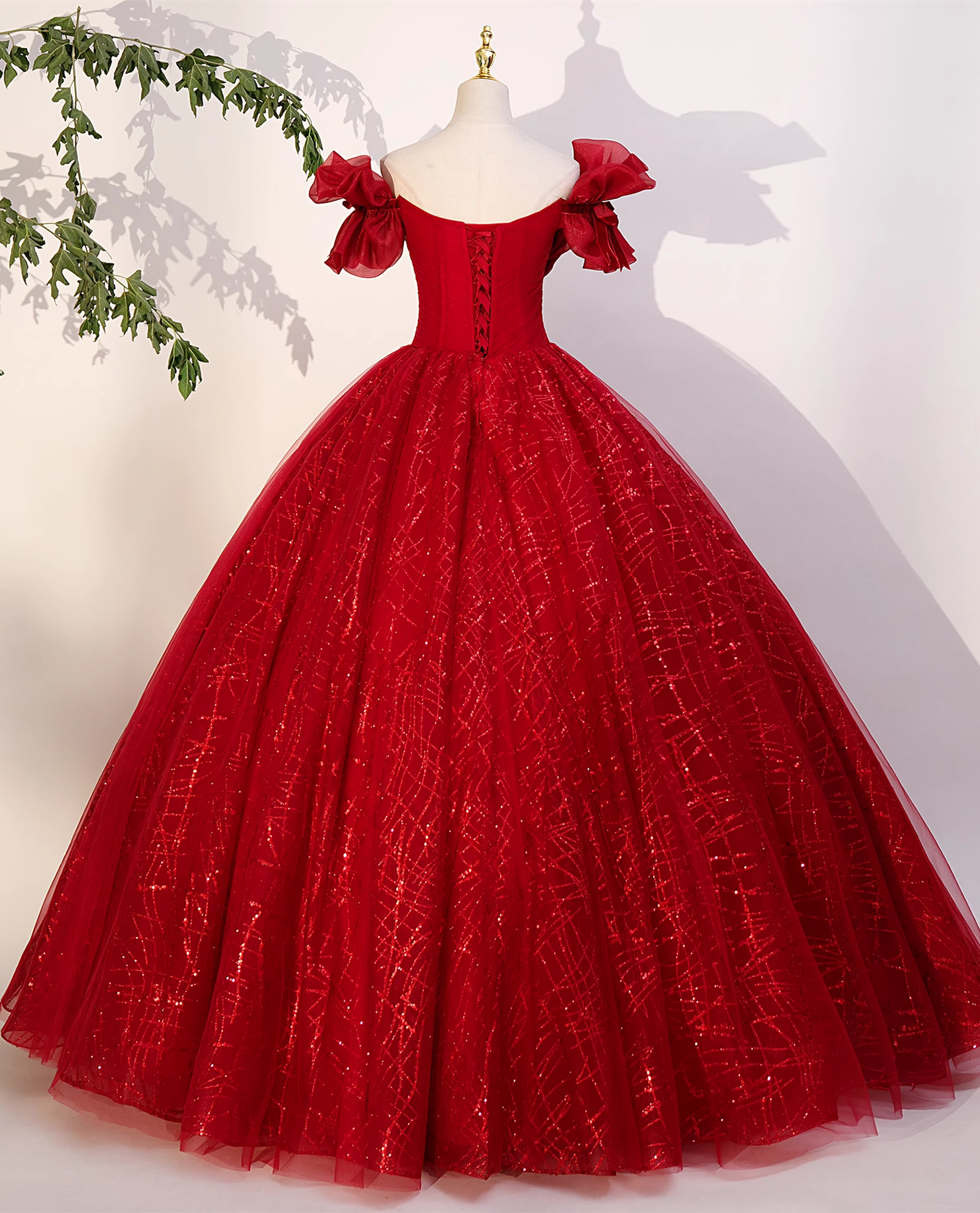 Gorgeous Red Tulle Ball Gown Off Shoulder Sweet 16 Dress, Red Long Formal Dress