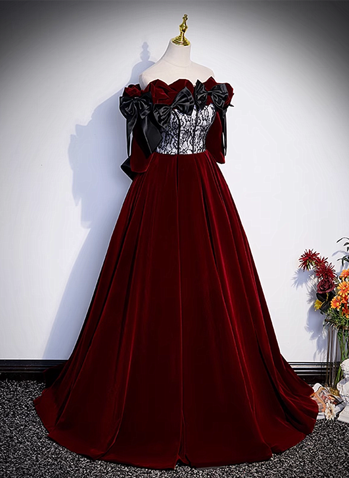 Wine Red Velvet with Lace Off Shoulder Party Dress, Wine Red Long Evening Dress