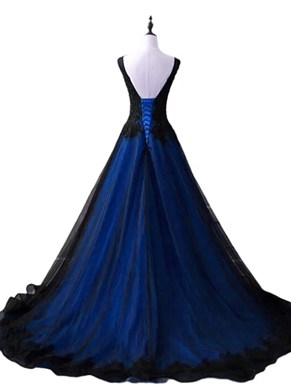 Black and Blue Lace Applique V-neclline Tulle Party Dress, A-line Tull Cutedressy Black and Blue Lace Applique V-neclline Tulle Party Dress, A-line Tull Cutedressy