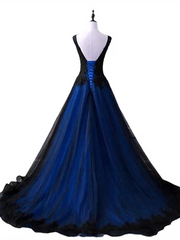 Black and Blue Lace Applique V-neclline Tulle Party Dress, A-line Tulle Long Prom Dress