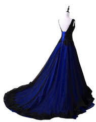 Black and Blue Lace Applique V-neclline Tulle Party Dress, A-line Tulle Long Prom Dress