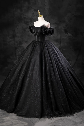 Black Off Shoulder Tulle Lace-up Sweet 16 Dress, Black Long Party Dress Prom Dress