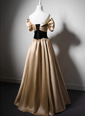 Black and Champagne Satin Long Party Dress, Off Shoulder Satin Prom Dress