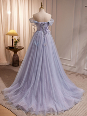 Light Purple Beaded Off Shoulder Long Tulle Formal Dress, Light Purple Prom Dress